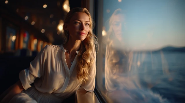 Elegant Woman on Ferry Watching Sunset