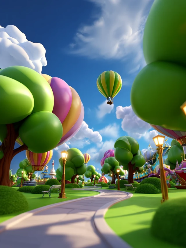 3D Cartoon Air Balloon Park Sunny and Joyful Scene