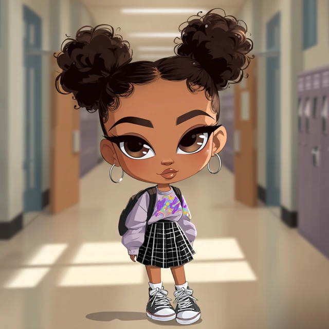 Chibi Girl in School Hallway Cartoon Illustration