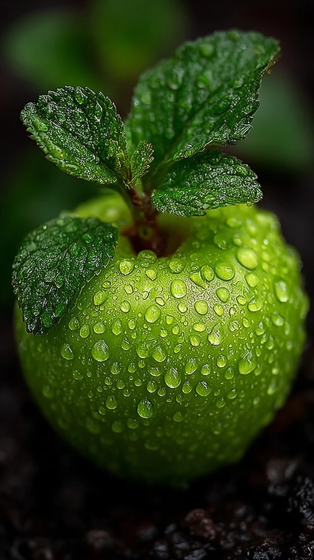 Green Apple with Water Droplets Nature Photography