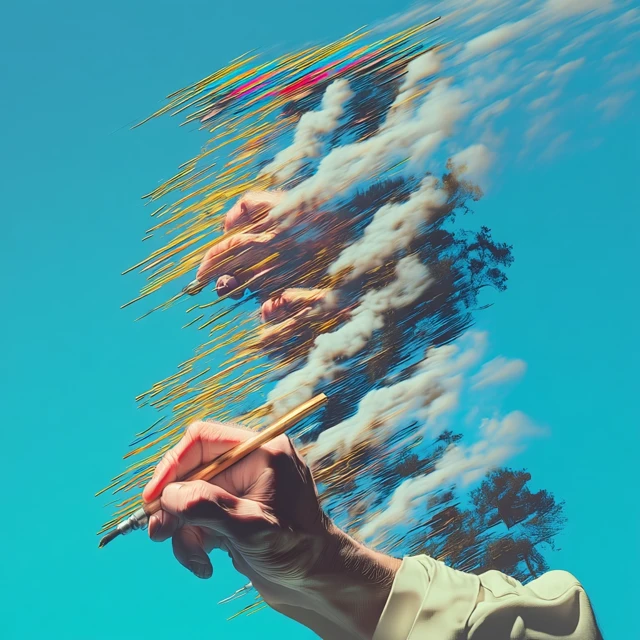 Hand Holding Pencil Abstract Art Azure Blue Background