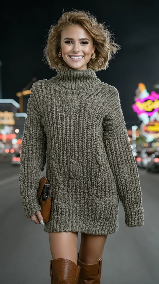 Fashionable Blonde Model in Sweater Dress Boots
