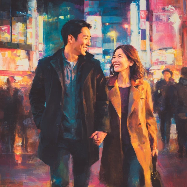 Japanese Couple Night City Romance