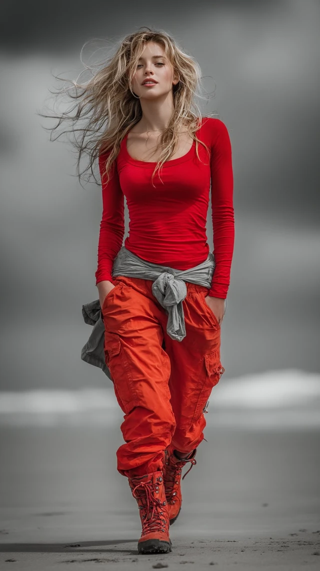 Woman in Red Walking on Stormy Beach