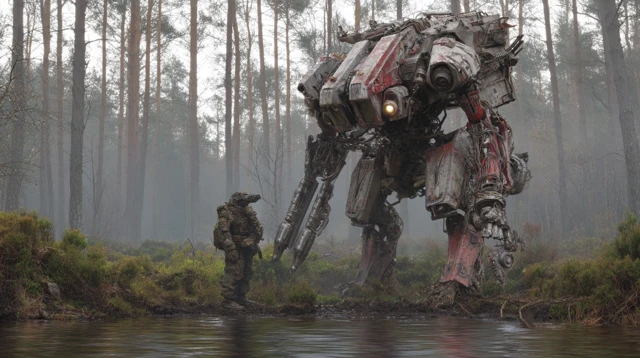 Mech and Creature Battle Photorealistic