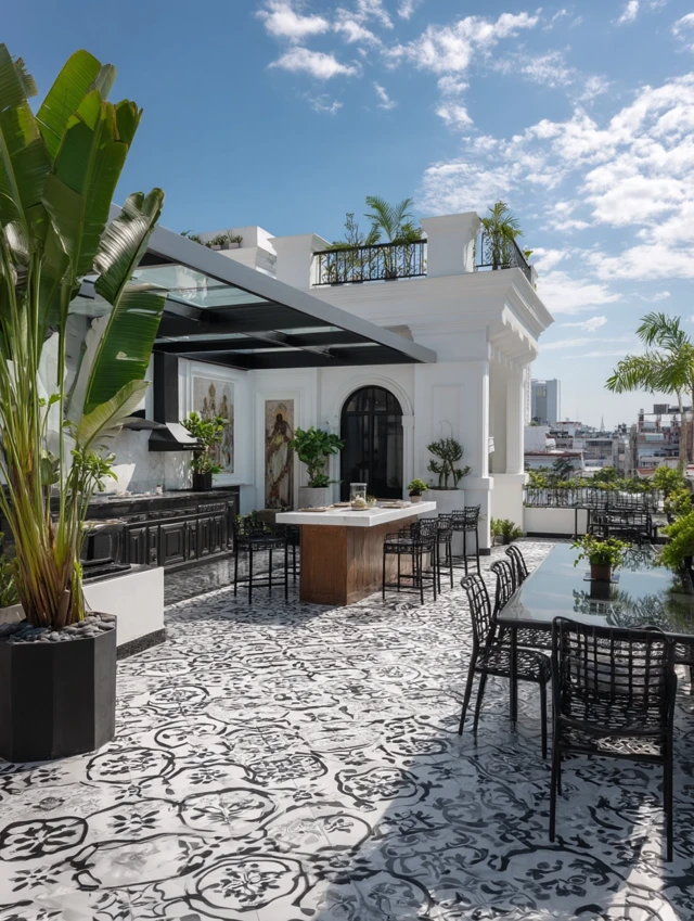 Retro French Colonial Terrace Black and White Luxury
