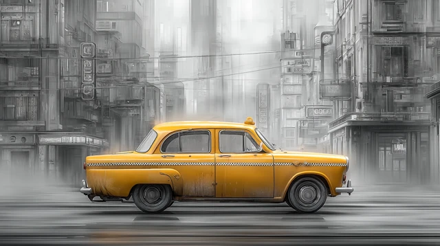 Vintage Taxi in Cinematic Cityscape Illustration
