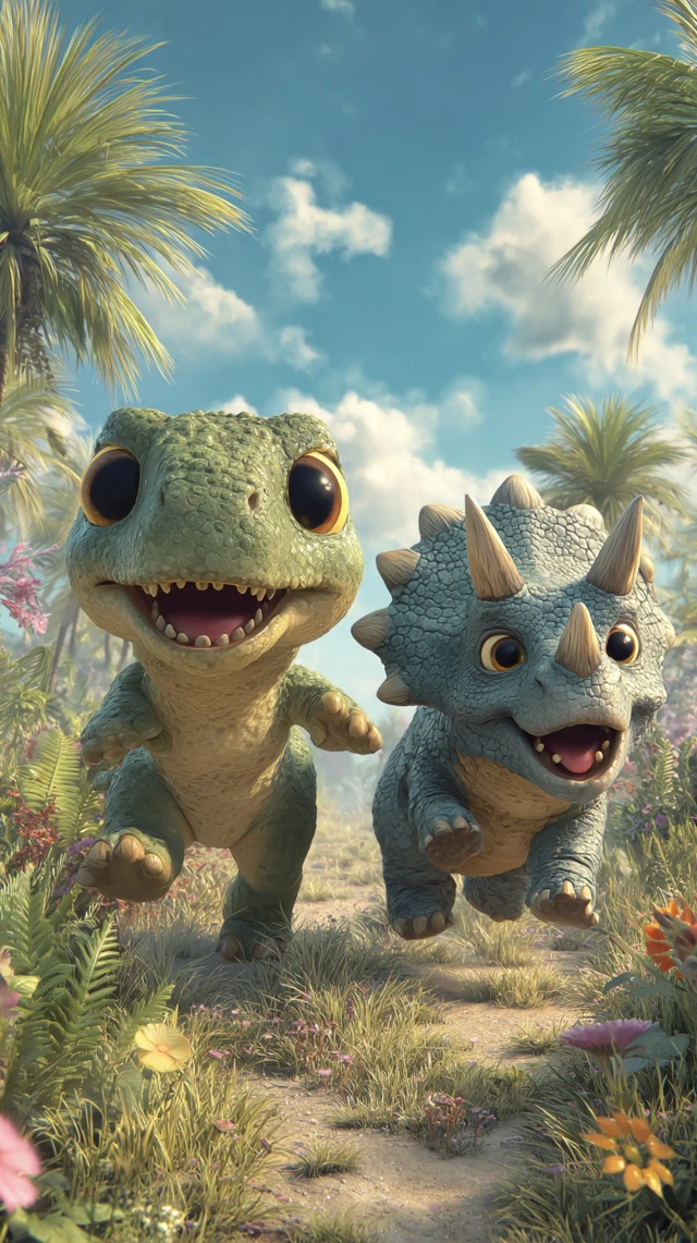 Adorable T Rex and Triceratops Prehistoric Fun HD