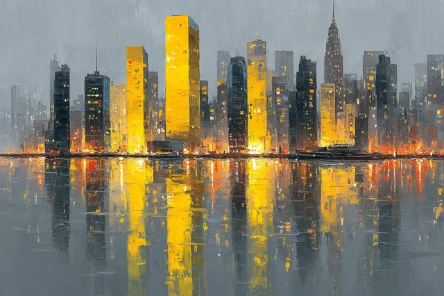 New York City Night Painting: Skyscrapers and Reflections