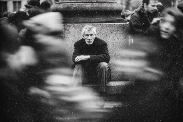 Old Man in Crowd Cinematic Black and White Photo