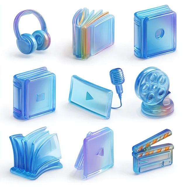 3D Glass Media Icons Book Audiobook Headphones Movie Clapperboard