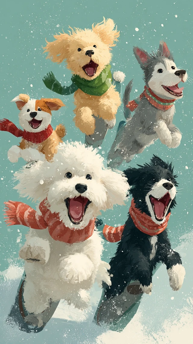 Dogs on Snowboards Christmas Illustration