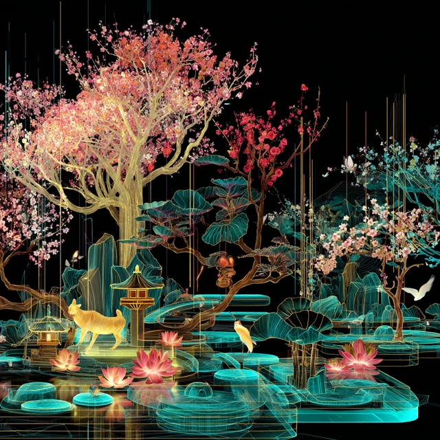 Mythical Garden Glowing Cherry Blossoms Fantasy Art