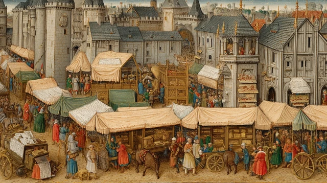 Medieval Market Scene Ivory Copper Textiles