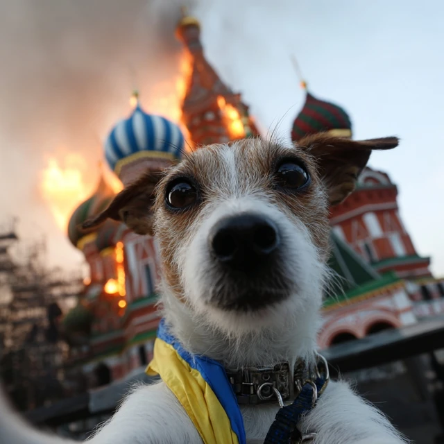 Dog Selfie Ukraine Flag Burning Moscow Cathedral