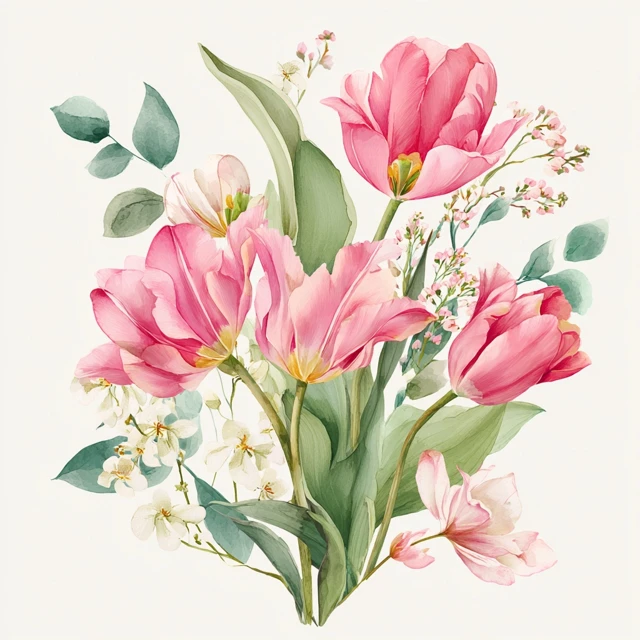 Watercolor Floral Arrangement Pink Tulips Clipart