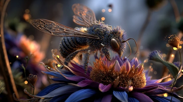Magical Bee on Exotic Flower Dawn Hyperrealistic 4K