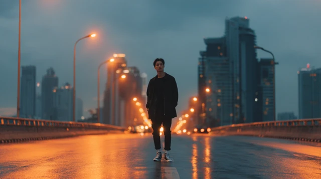 Thai Man Standing Alone on Bridge in Bangkok