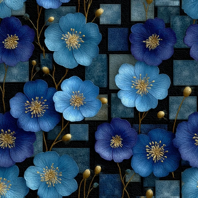 Elegant Flaxseed Flower Pattern Floral Design Blue and Black