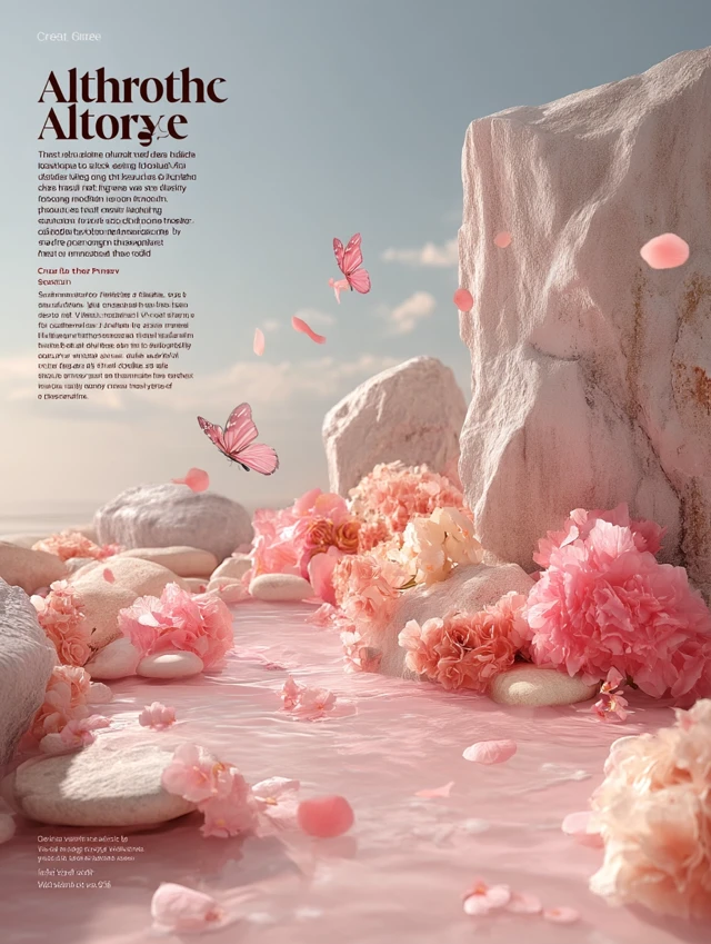 Dreamy Pink Background: Flowers, Butterflies, and Serene Stones