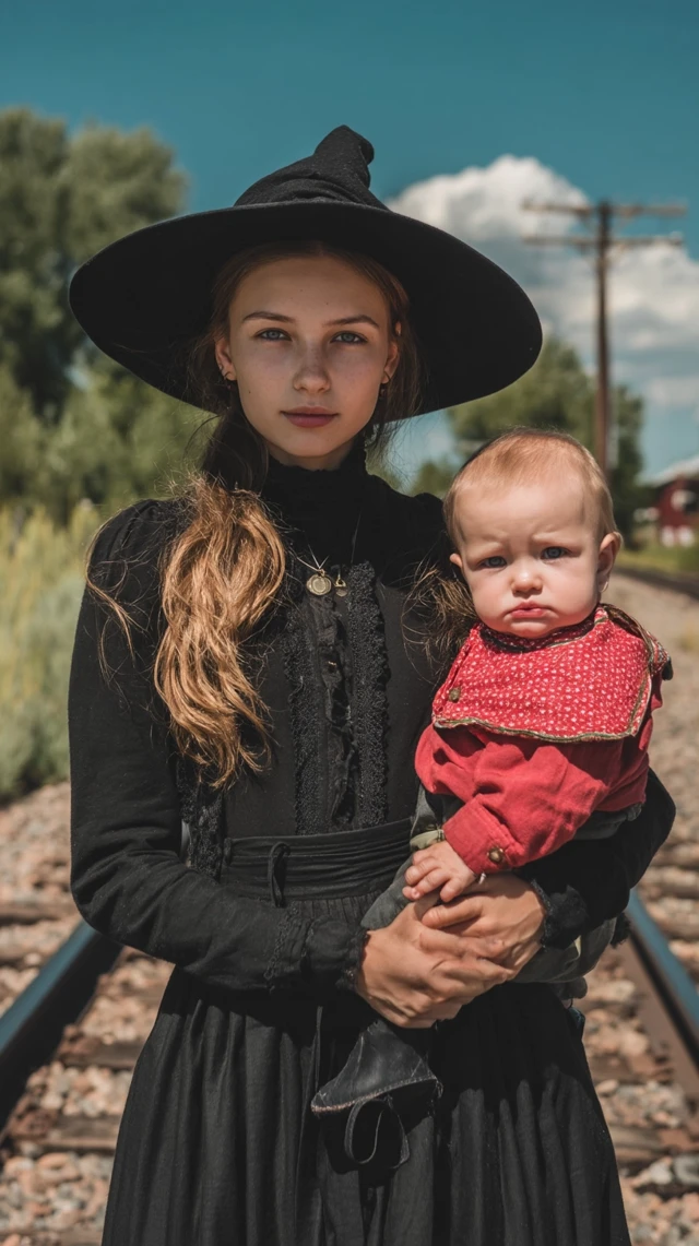 Witch and Baby Painting on Train Tracks