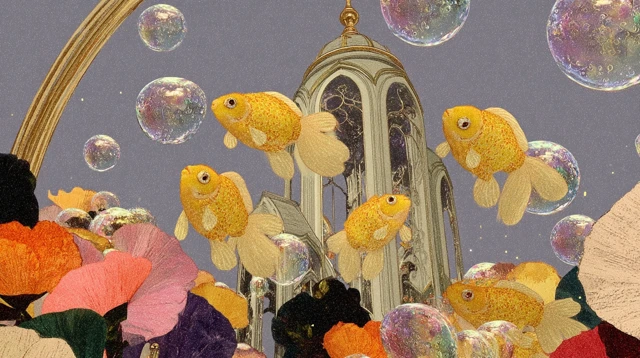 Goldfish Castle in Bubbles Dreamy Illustration