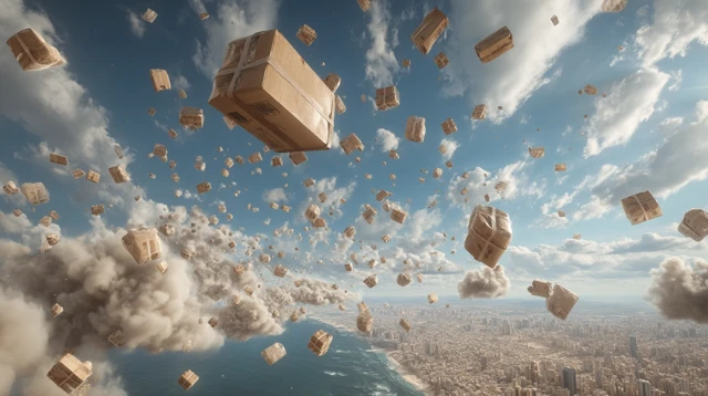 Boxes Falling From The Sky City View Cinematic Image