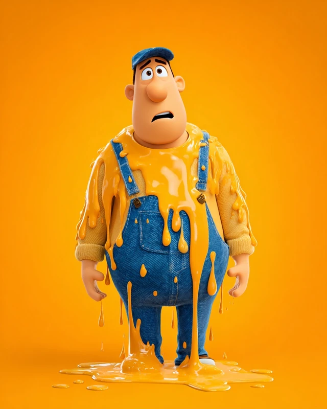 Pixar 3D Character Melting Down on Orange Background