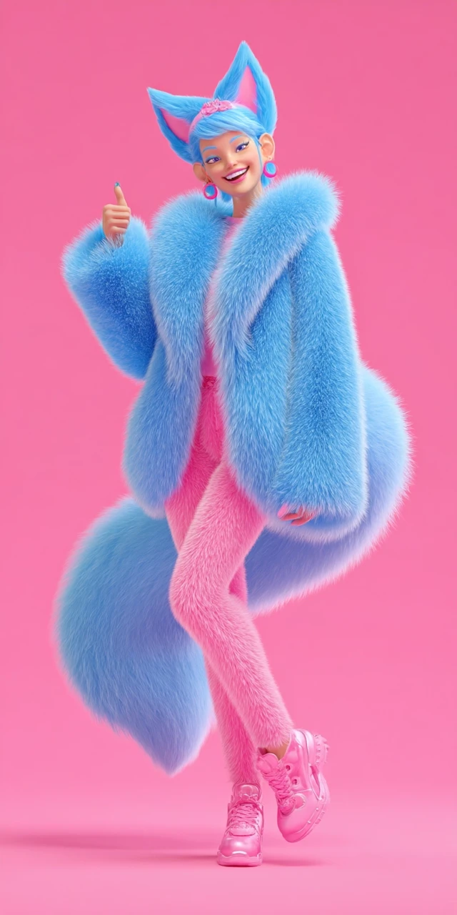 Blue Fox Girl Pink Outfit Thumbs Up 3D Art