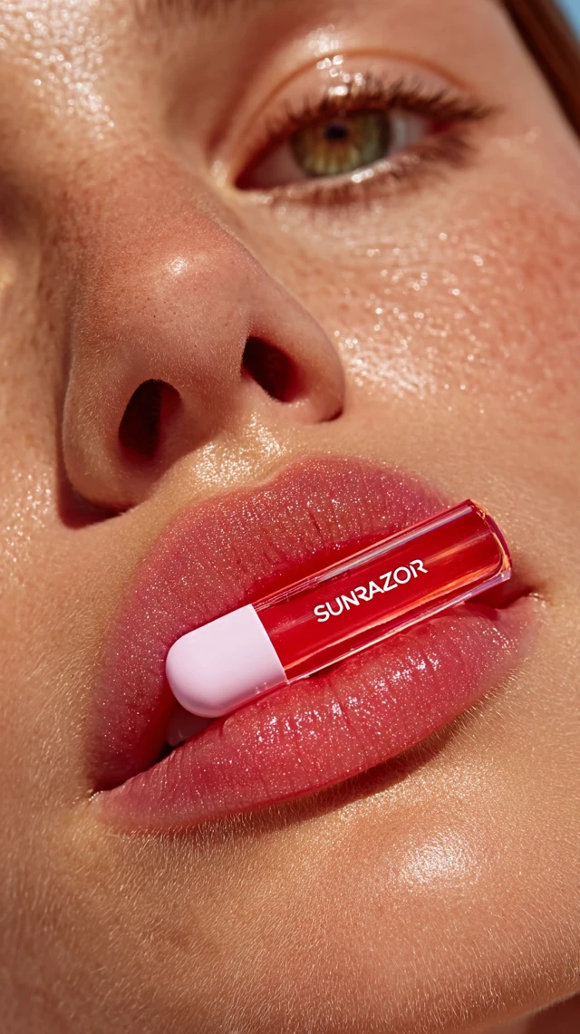 Close Up of Lips Holding Sunrazor Pill Product Photo