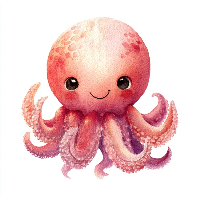 Cute Cartoon Octopus Watercolor Illustration