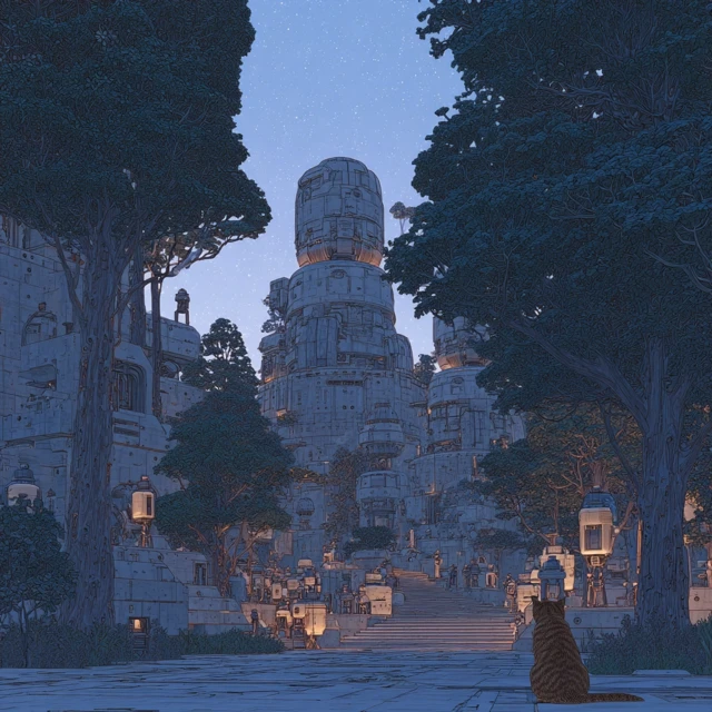 Ancient Temple Robots and Cat Twilight Scene