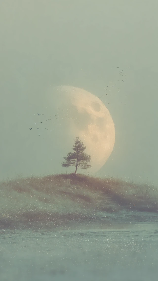 Moon Tree Birds Dreamy Landscape Photo