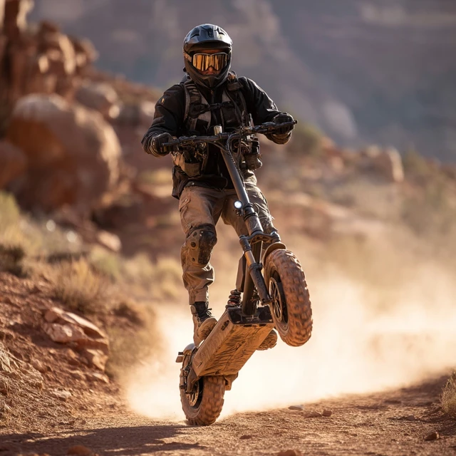 Electric Scooter Wheelie Action Shot Desert Ride