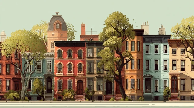 Wes Anderson Brownstones on Tree-Lined Street