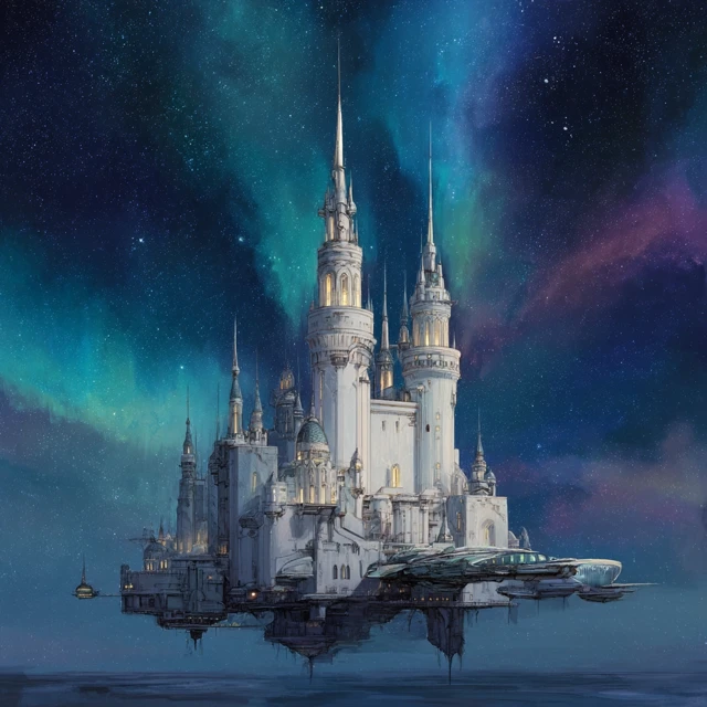 Floating Space Castle with Aurora Sky