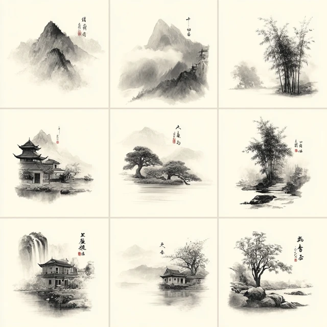 Ink Wash Painting Mountains and Rivers Scenery