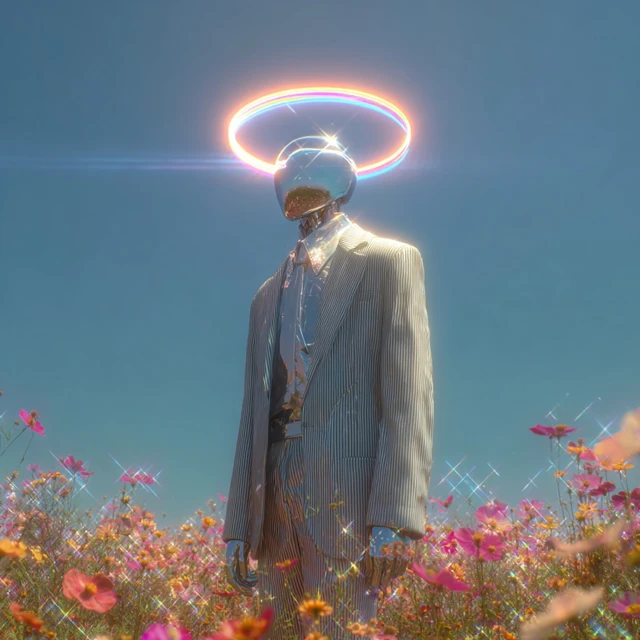 Metallic Mannequin in Field of Flowers Surreal 4K