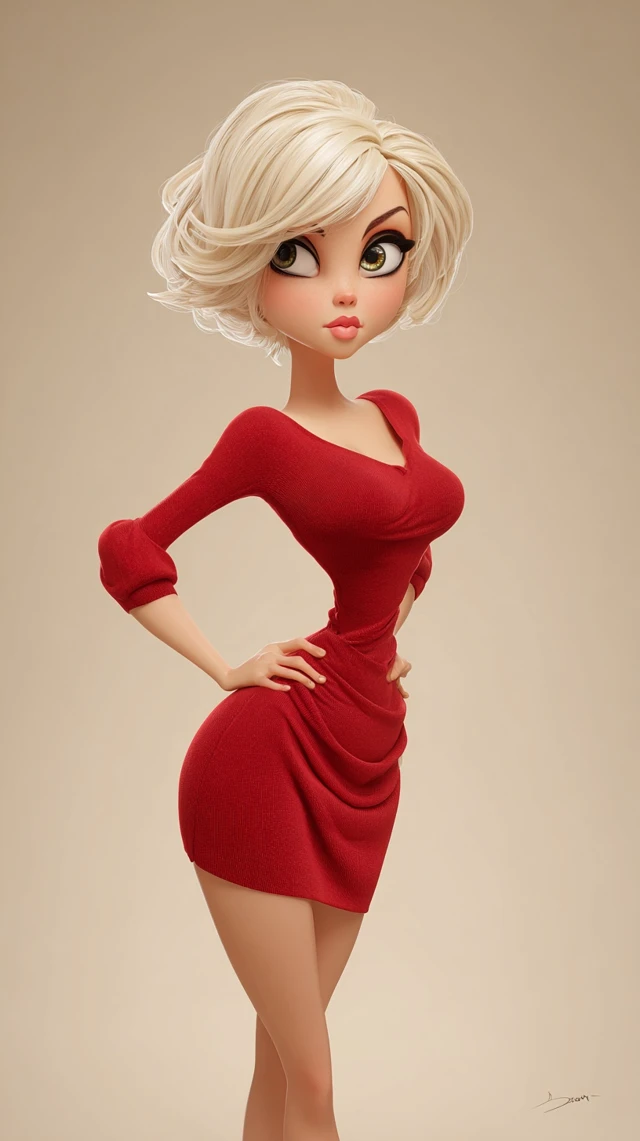 3D Cartoon Woman in Red Dress Glamour