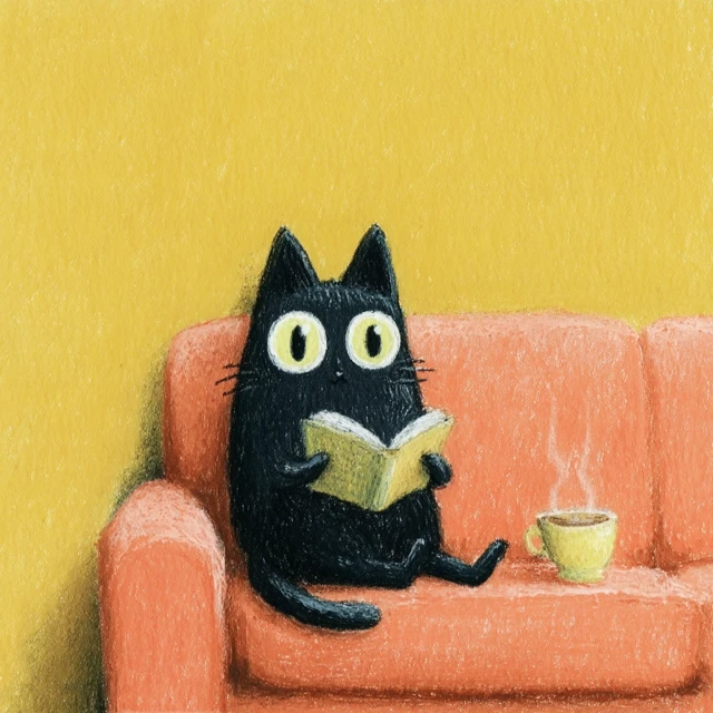 Black Cat Reading Book Relaxing on Couch
