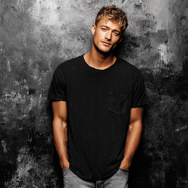 Blonde Male Model in Black TShirt and Jeans