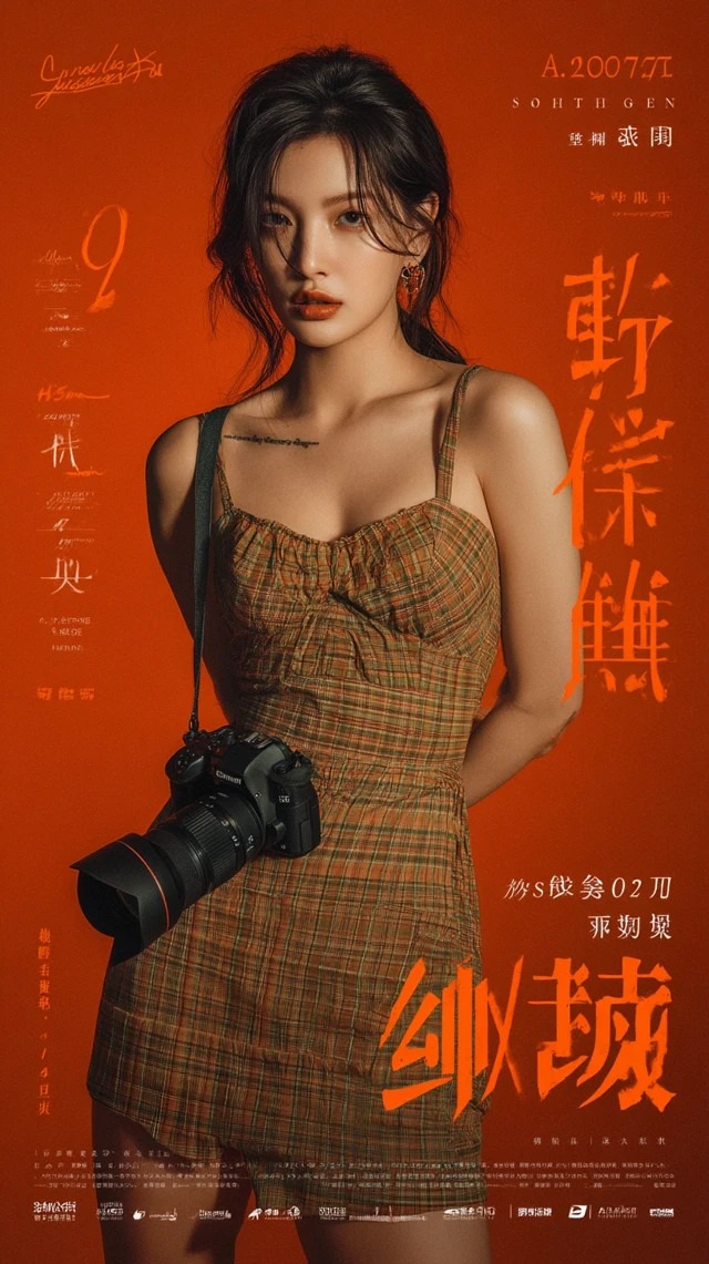 Vintage Poster Attractive Woman Camera Plaid Dress