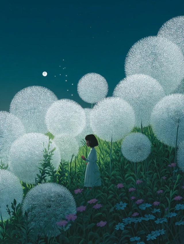 Dandelions and Moonlight A Serene Nature Illustration