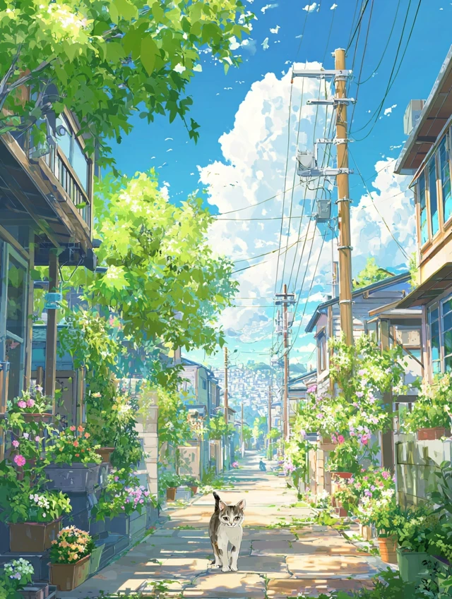 Cat Walking Summer Scene Flowers and Blue Sky