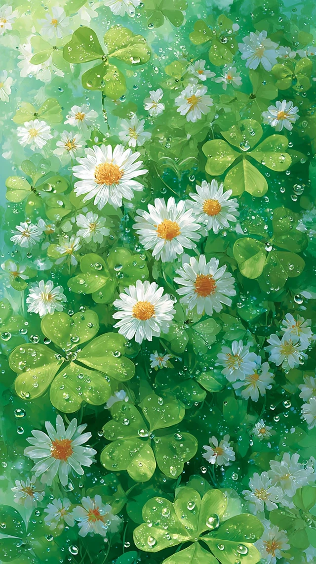 Four Leaf Clovers and Daisies After the Rain