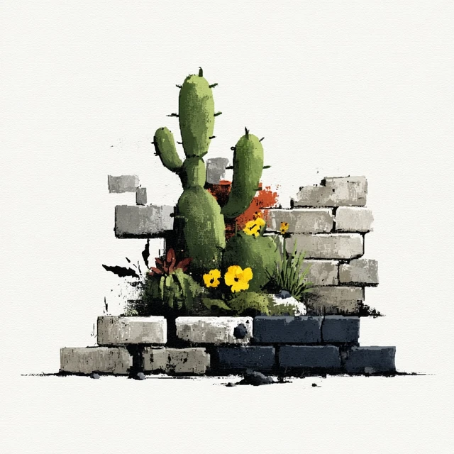 Cactus Illustration Broken Brick Wall
