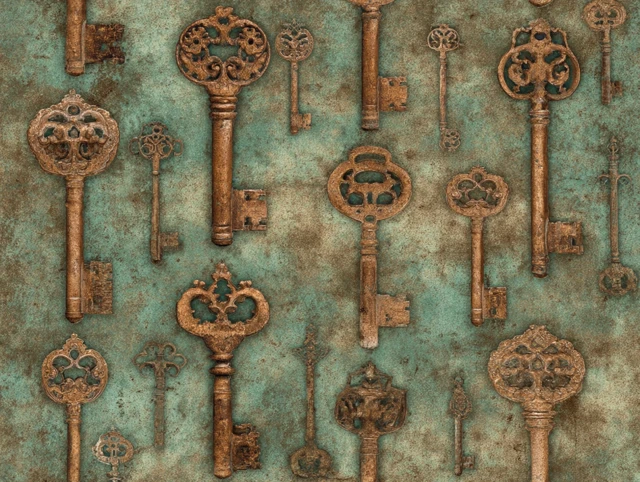 Steampunk Rusty Vintage Keys Sepia Paper Pattern