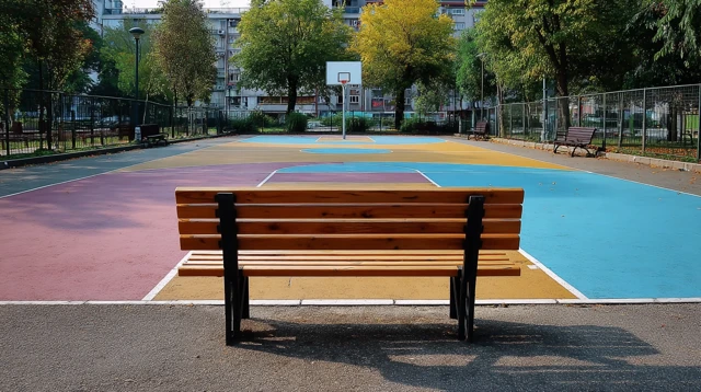 Wooden Bench with Basketball Court Park Scene