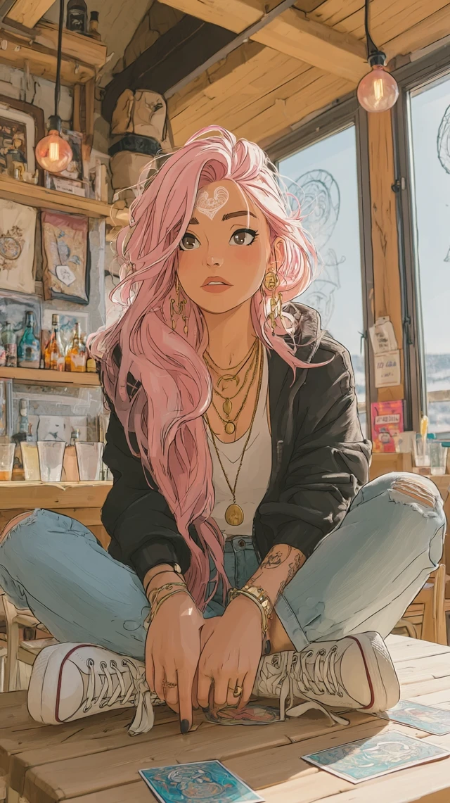 Young Witch in Coffee Shop Pink Hair Disney Cartoon