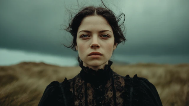 Victorian Woman In Field Stormy Day